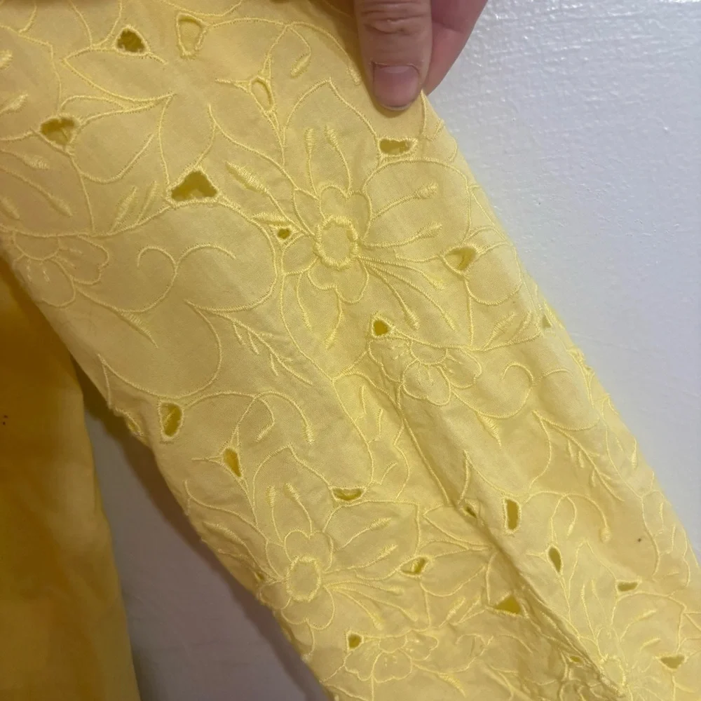 J.Crew Yellow Embroidered Eyelet Sleeve Button Shirt Blouse Size Medium Cotton